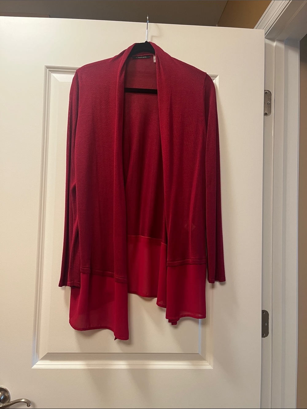 T Tahari Red Open-Front Draped Cardigan with Chiffon Hem